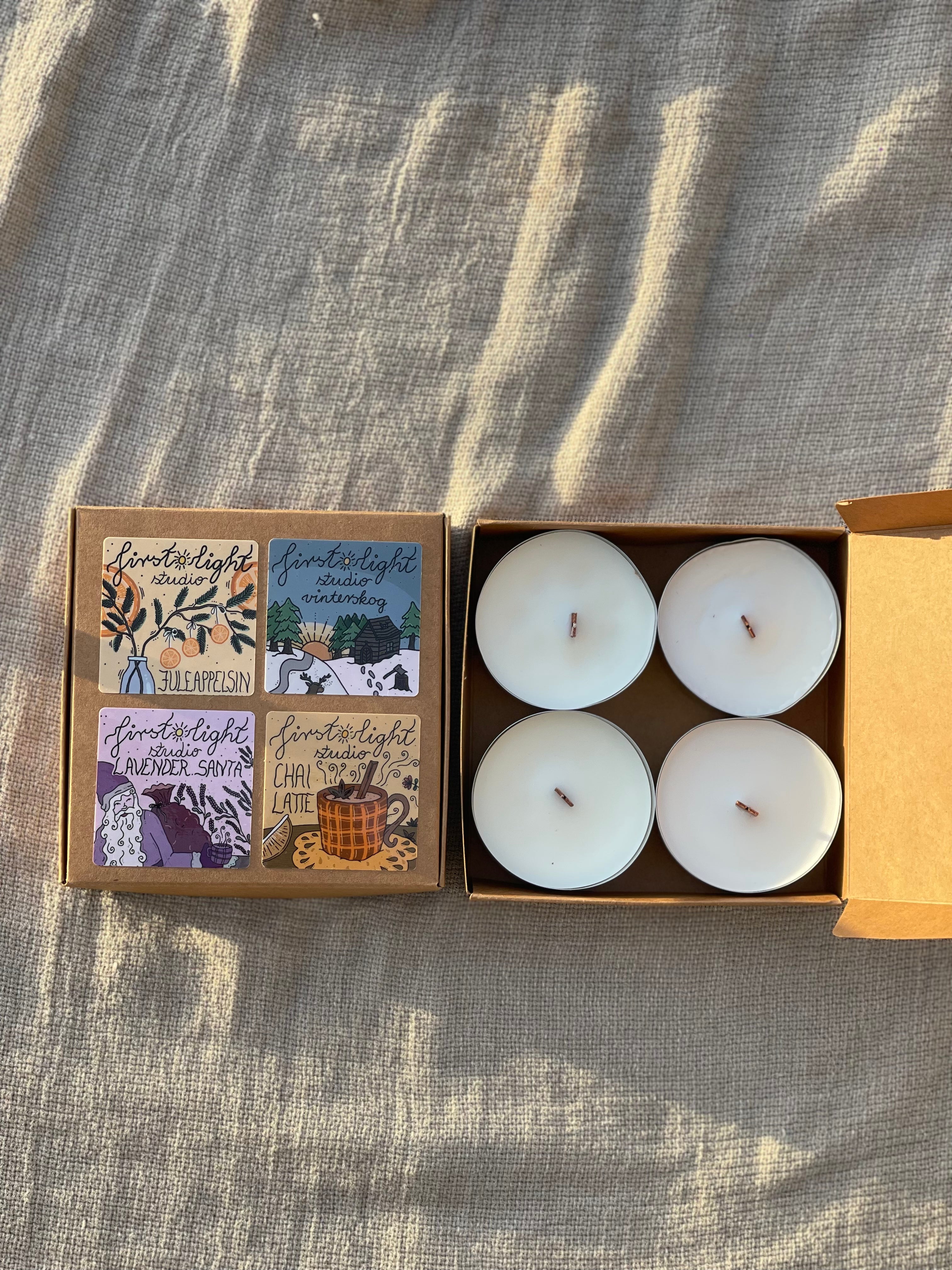 gavepakke med 4 duftlys, håndlagde julegave