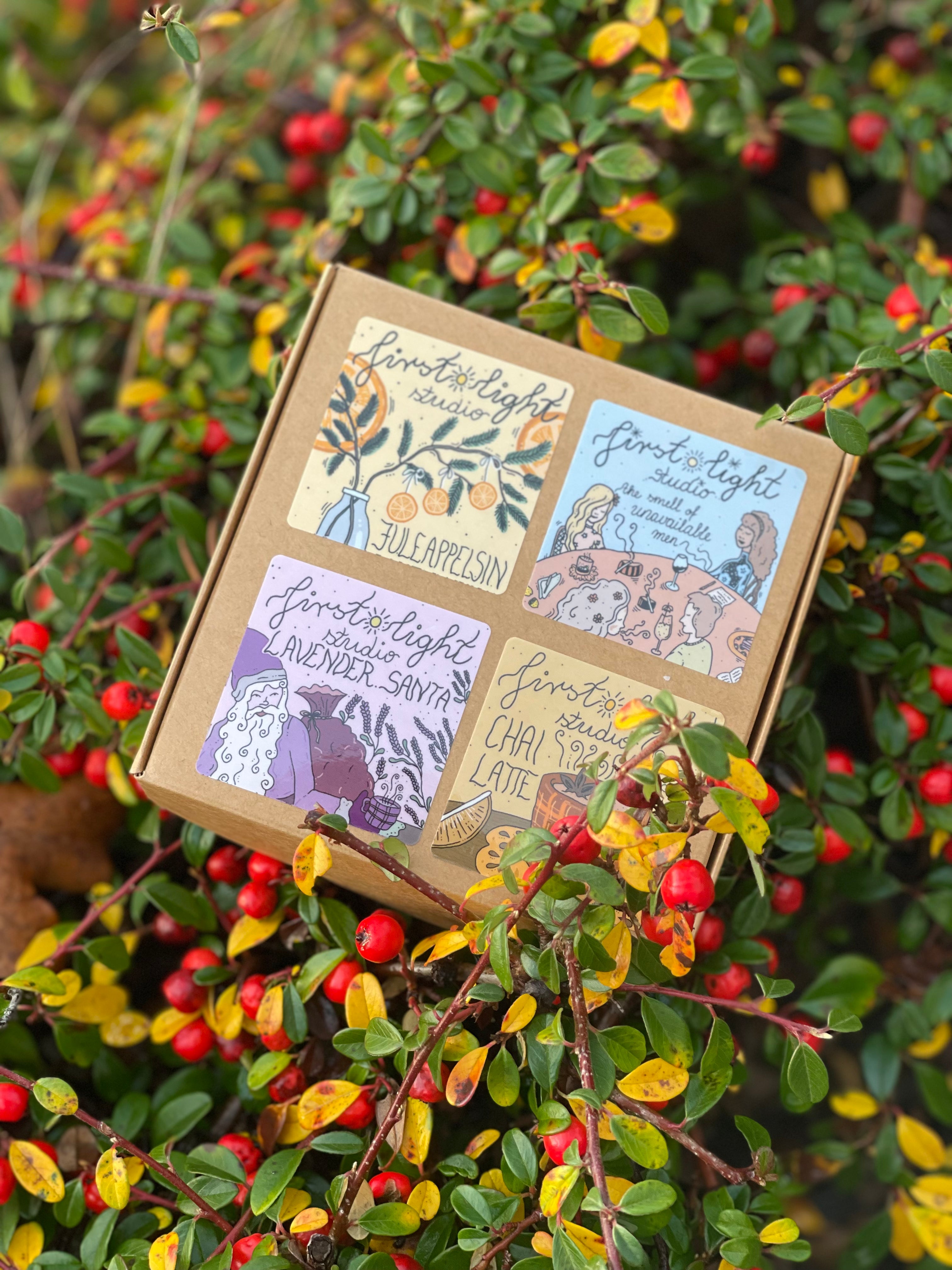 gavepakke med 4 duftlys, håndlagde julegave