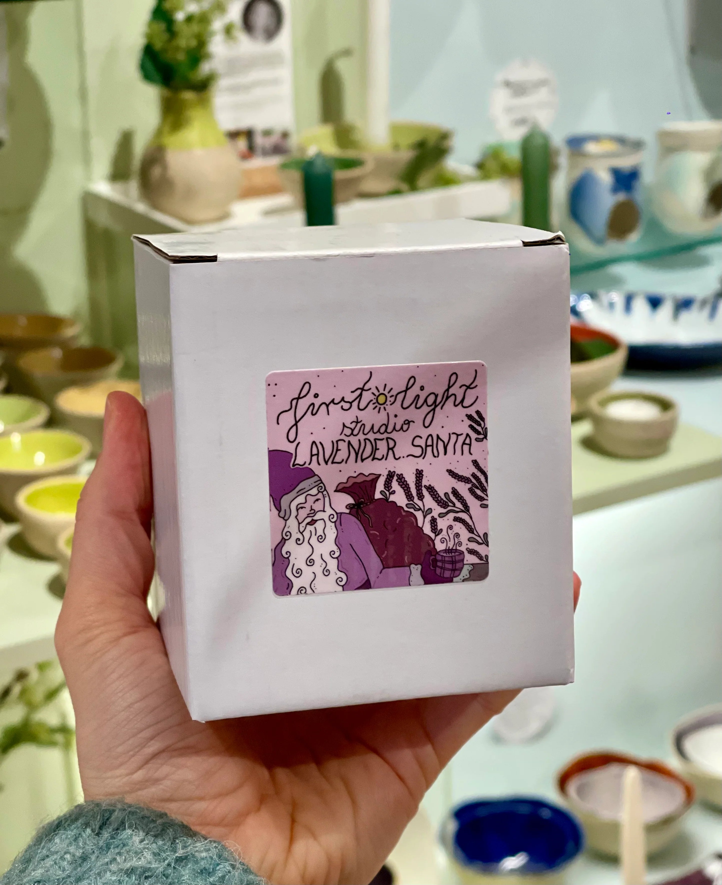 duftlys med illustrasjon, lavender, i glass