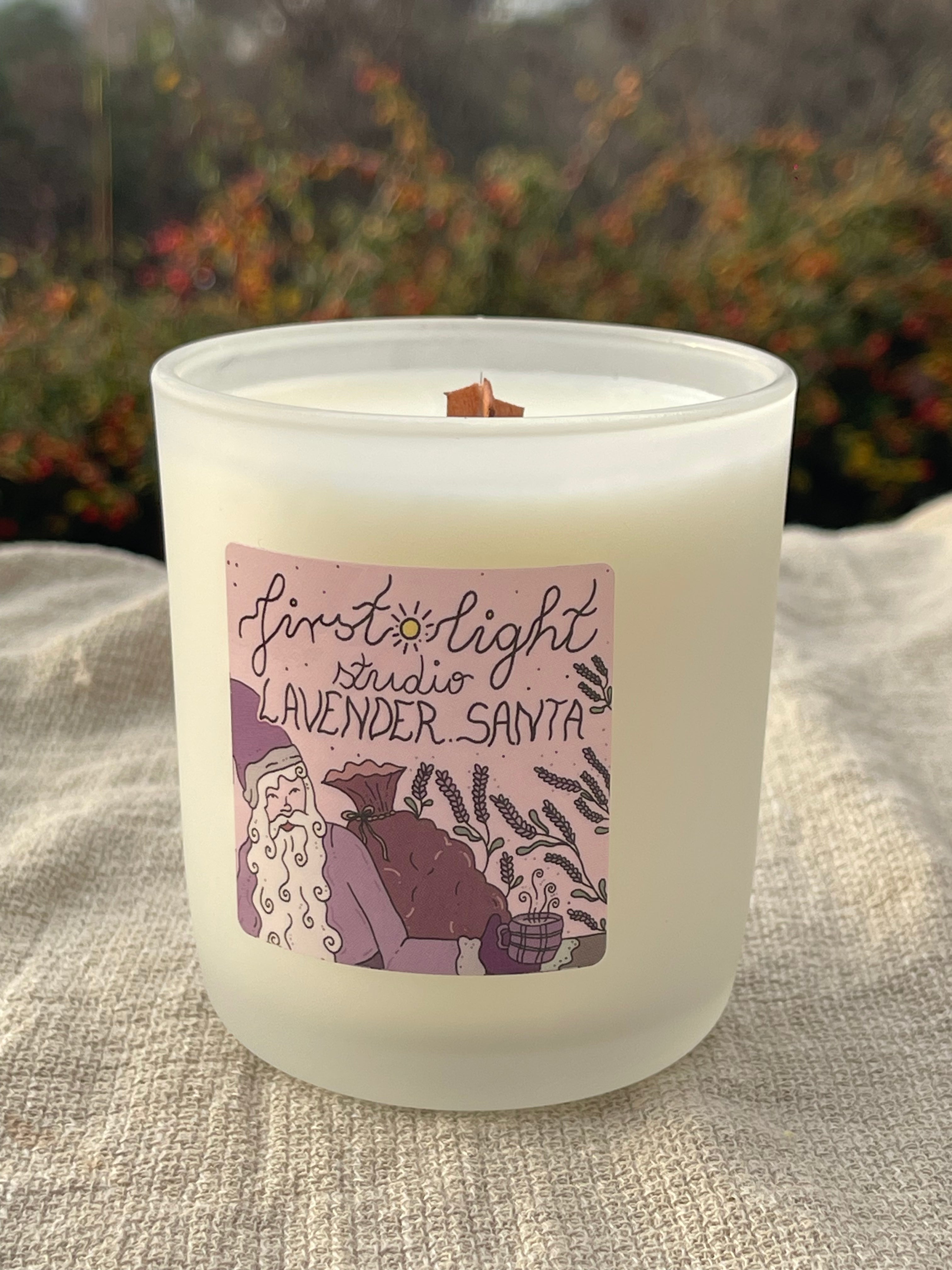 duftlys med illustrasjon, lavender, i glass