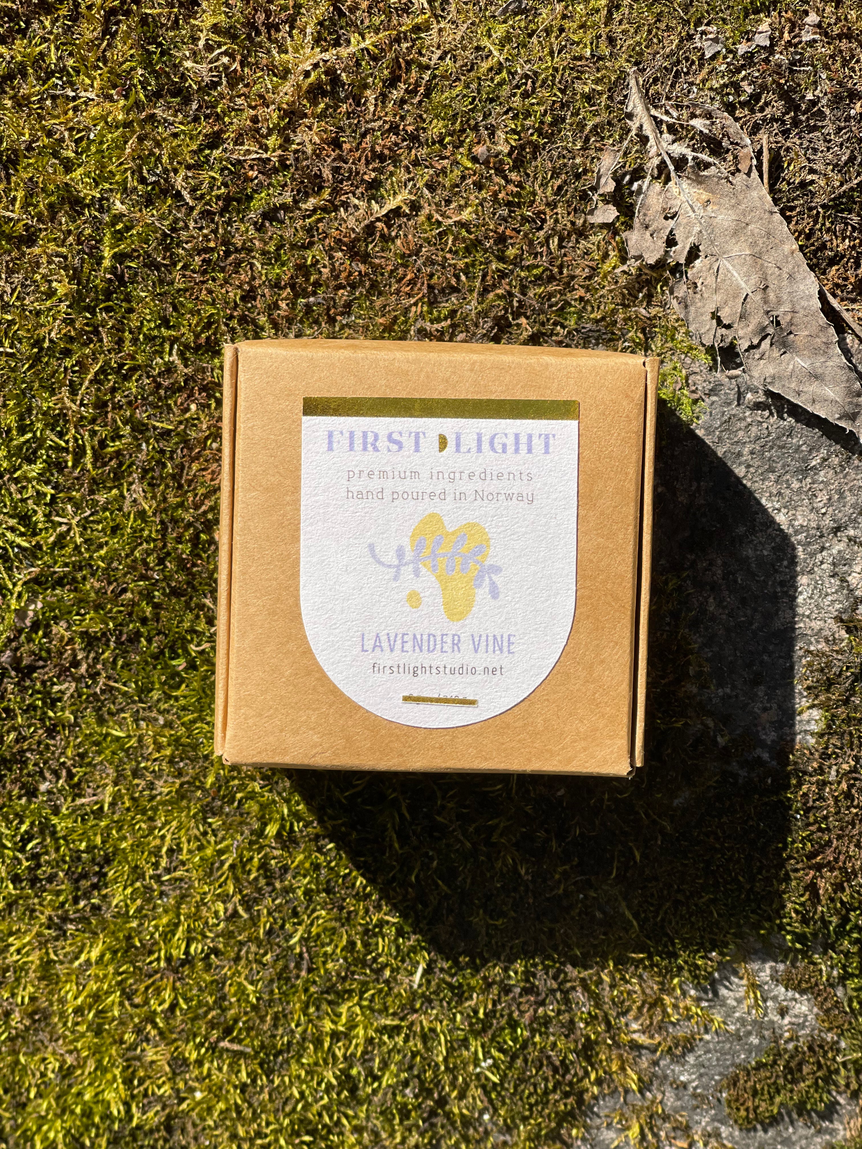 Small cardboard box with a label on a mossy surface