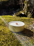 Candle in a white container on a mossy surface